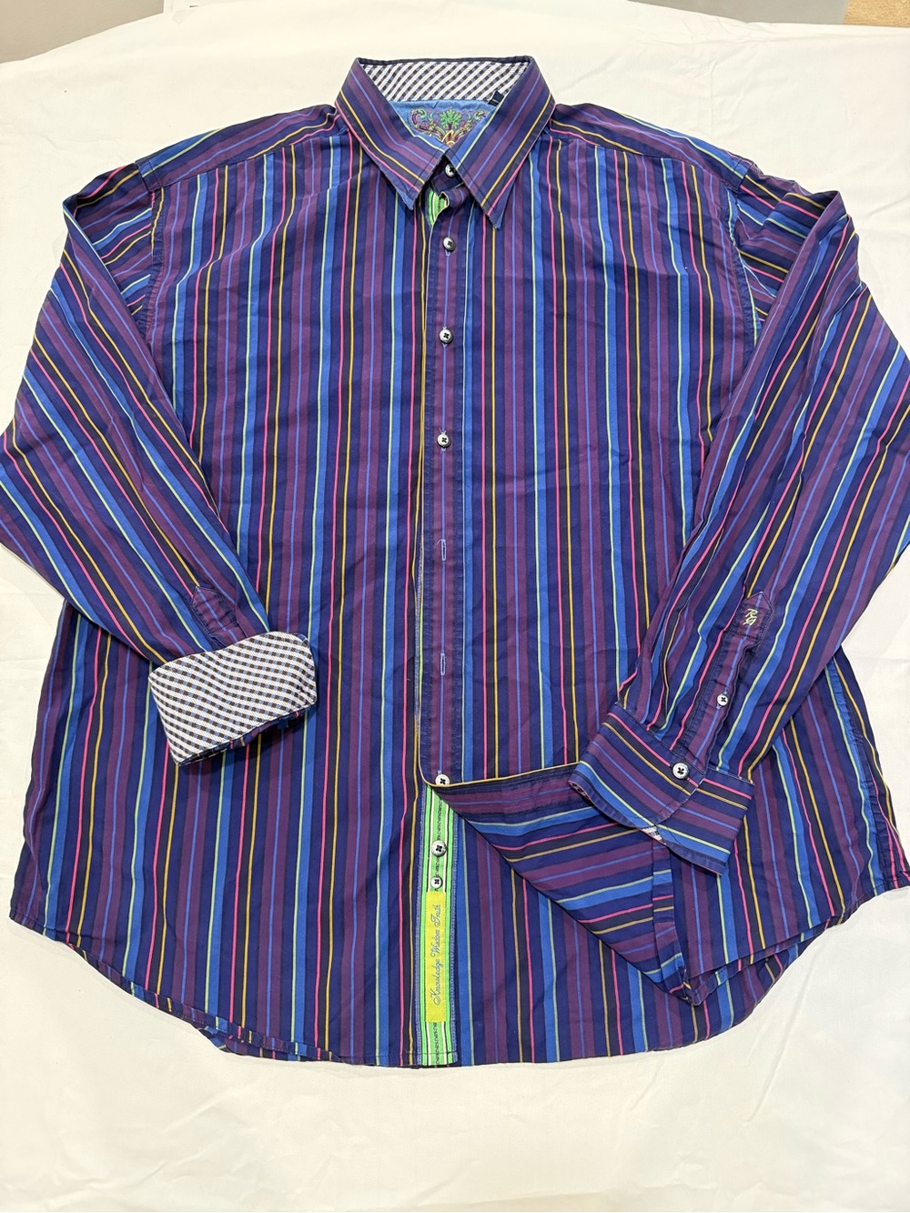 Robert Graham Mens Multi Color Striped Button Down Shirt Purple Blue XL
